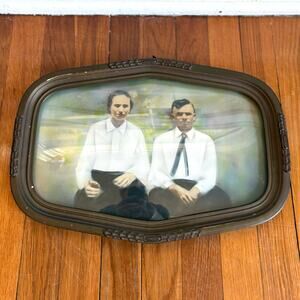 Vintage Convex Glass Portrait Frame Couple Photo Bubble Glass 16.75”